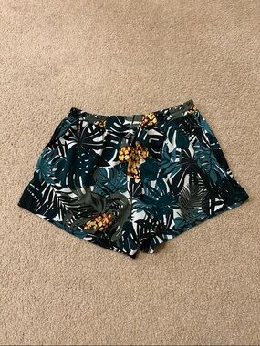 Tropical Leaf Print Women’s Soft Drawstring Shorts - Teal & Green